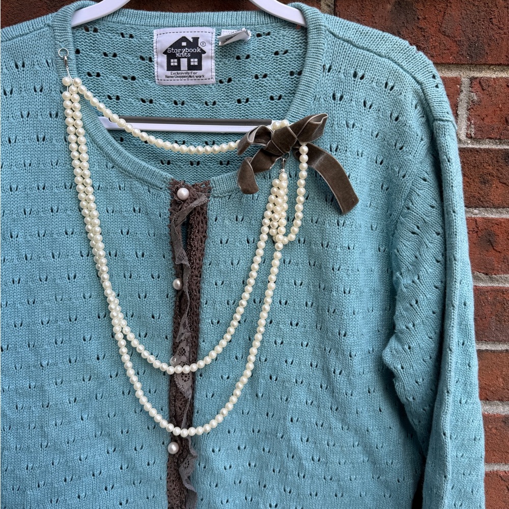 Vintage Storybook Knits Button Up Cardigan Sweater Size Large Pearl Necklace - Picture 4 of 7